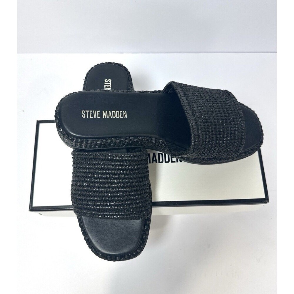 Steve Madden Boardwalk Black Raffia Slide Sandals Women’s  9 Woven Flat Sandals